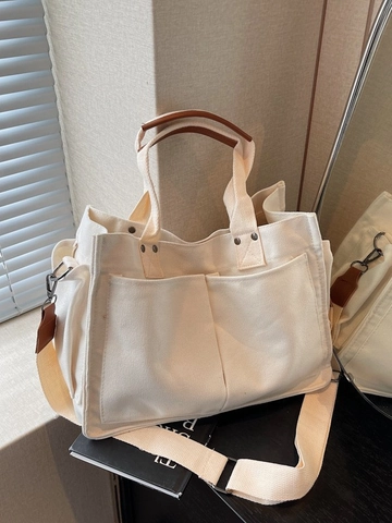Sac Fourre-tout en Toile pour Femmes Grande Capacité Décontracté à Poches Multiples Sac Bandoulière Main Minimaliste avec Poignées