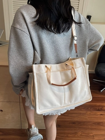 Sac Fourre-tout en Toile pour Femmes Grande Capacité Décontracté à Poches Multiples Sac Bandoulière Main Minimaliste avec Poignées