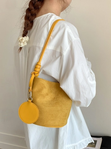 Vintage Frosted PU Leather Bucket Bag For Women Minimalist Shoulder Bag With Round Purse Charm Daily Casual Crossbody Bag
