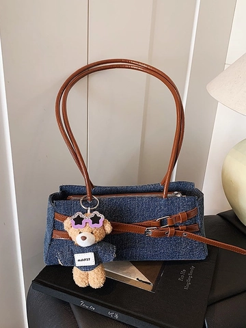 Vintage Denim Baguette Bag For Women Contrast PU Leather Underarm Shoulder Bag Niche Design Casual Commuter Handbag