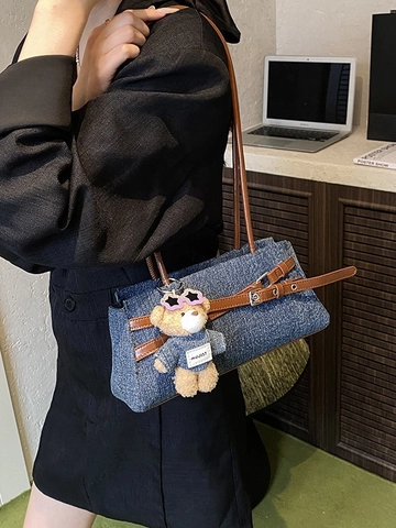 Vintage Denim Baguette Bag For Women Contrast PU Leather Underarm Shoulder Bag Niche Design Casual Commuter Handbag