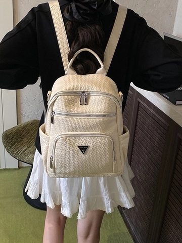 Dames Mode PU Leder Rugzak Lychee Patroon Multi-Vakken Casual Reizen Daypack Met Contrast Band Schouderriem Voor Vrouwen