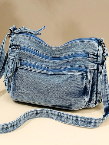 Large Capacity Washed Denim Crossbody Bag Multi Layer Zipper Distressed Shoulder Tote Bag For Women Casual Commuting Daily Use