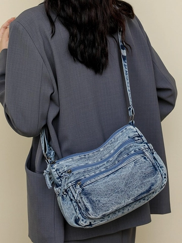 Large Capacity Washed Denim Crossbody Bag Multi Layer Zipper Distressed Shoulder Tote Bag For Women Casual Commuting Daily Use