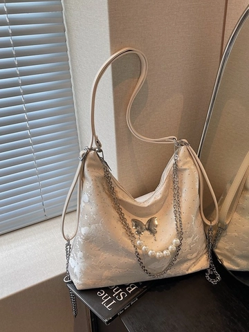 Women Butterfly Jacquard PU Leather Hobo Bag Multi-functional Backpack With Artificial Pearl Chain Large Capacity Tote Bag