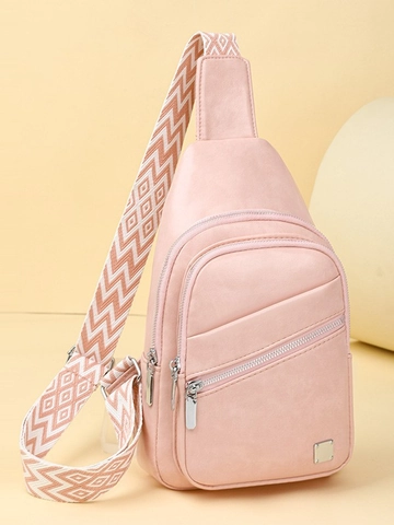 Women Trendy PU Leather Chest Bag Geometric Wide Strap Casual Zip Crossbody Sling Bag Daily Travel Sport Backpack