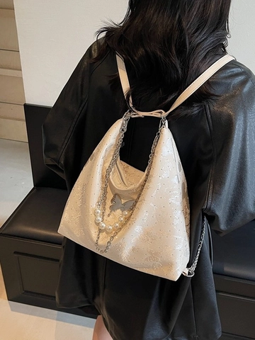 Women Butterfly Jacquard PU Leather Hobo Bag Multi-functional Backpack With Artificial Pearl Chain Large Capacity Tote Bag