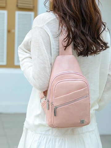 Women Trendy PU Leather Chest Bag Geometric Wide Strap Casual Zip Crossbody Sling Bag Daily Travel Sport Backpack