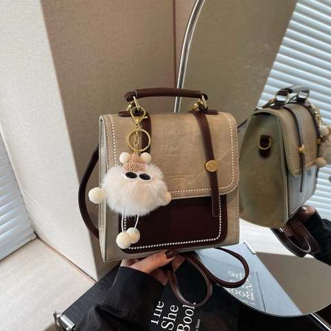 Women Vintage Contrast Color PU Leather Mini Backpack Preppy Style Multi Purpose Handbag Shoulder Bag With Plush Charm