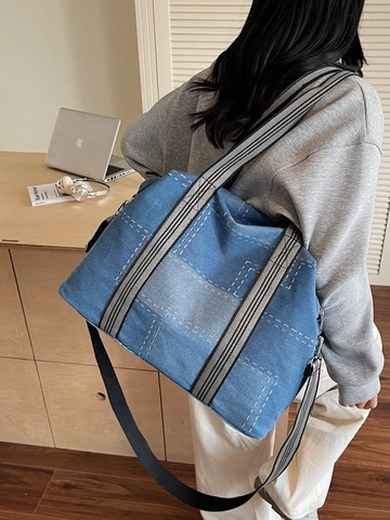 Large Capacity Denim Patchwork Tote Bag For Women Urban Casual Crossbody Shoulder Bag Vintage Contrast Stitching Travel Handbag