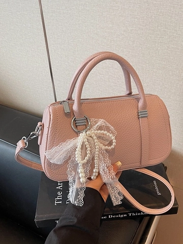 Bolso Almohada de Moda para Mujer en Piel Sintética con Textura de Lichi Minimalista Boston Bowling Bag Perla Artificial Bolso Bandolera