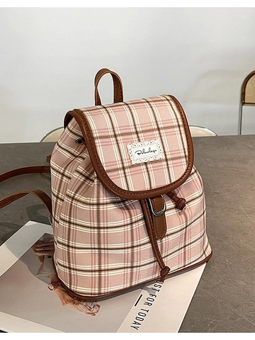 Preppy Geruit Canvas Mini Rugzak Plaid Schooltas Voor Dames Leren Afwerking Trekkoord Casual Reizen Kleine Dagrugzak