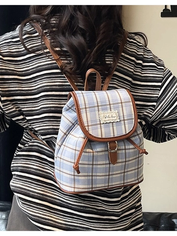 Preppy Geruit Canvas Mini Rugzak Plaid Schooltas Voor Dames Leren Afwerking Trekkoord Casual Reizen Kleine Dagrugzak