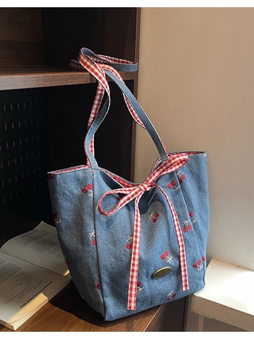 Casual Canvas Tote Bag Women Cherry Floral Embroidery Gingham Bow Decor Large Capacity Shoulder Crossbody Bag For School