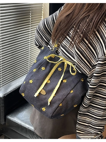 Casual Canvas Tote Bag Women Cherry Floral Embroidery Gingham Bow Decor Large Capacity Shoulder Crossbody Bag For School