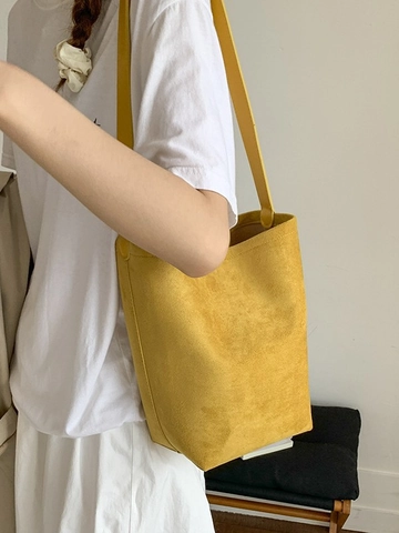 Bolso Cubo de PU Retro de Gran Capacidad para Mujer Color Sólido Simple Bolso de Hombro Moda Hobo Versátil Diario