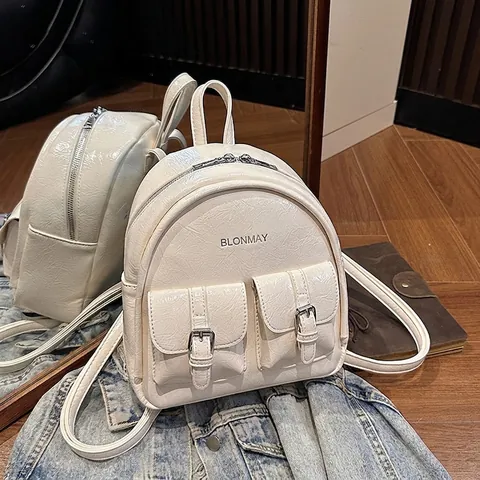 Vintage Glossy Wrinkled PU Leather Mini Backpack For Women Solid Color Large Capacity Fashion Small Travel Daypack