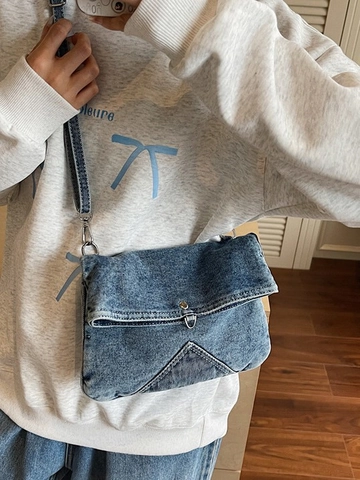 Vintage Denim Crossbody Bag For Women Lightweight Multi Pocket Shoulder Bag Casual Washable Denim Small Square Bag