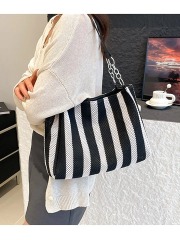 Bolso de Mano Tejido a Rayas de Color en Contraste de Moda para Mujer Bolso de Hombro de Punto de Paja de Gran Capacidad Bolso Informal de Vacaciones Asa de Cadena
