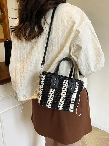 Damen Gewebt Eimertasche Gestreift Kontrastfarbe Handtasche Umhängetasche Lässig Mode Polyester Sommer Kleine Tote Bag