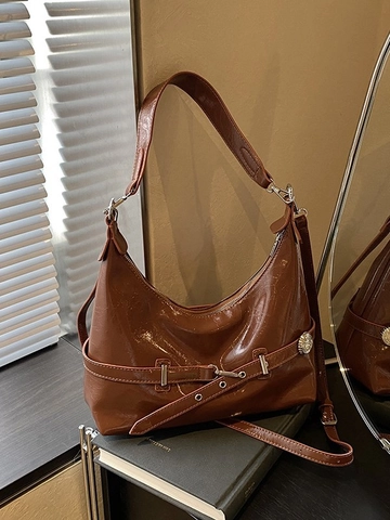 Sac Sous le Bras en Cuir Verni PU pour Femmes Sac à Épaule Hobo Plissé Avec Boucle de Ceinture Grande Capacité