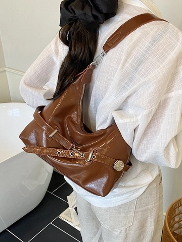 Sac Sous le Bras en Cuir Verni PU pour Femmes Sac à Épaule Hobo Plissé Avec Boucle de Ceinture Grande Capacité