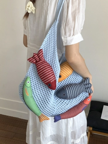 Sac à Bandoulière en Tricot Fait Main Avec Pendentifs de Poisson Créatifs pour Femmes Décontracté Vacances Plage Grand Sac Cabas