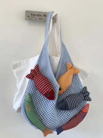 Sac à Bandoulière en Tricot Fait Main Avec Pendentifs de Poisson Créatifs pour Femmes Décontracté Vacances Plage Grand Sac Cabas
