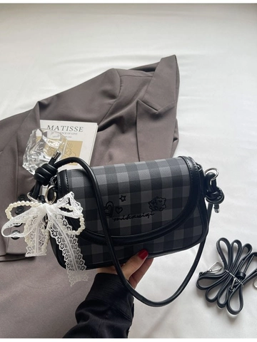 Sac Bandoulière Doux Pour Femme À Carreaux Broderie Cuir PU Sous Le Bras Petit Sac Carré Avec Nœud En Dentelle Et Perle