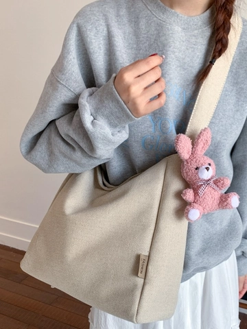 Sac à Bandoulière en Toile Décontracté pour Femmes Grand Sac Fourre-tout Avec Pendentif Lapin Rose Style Coréen École