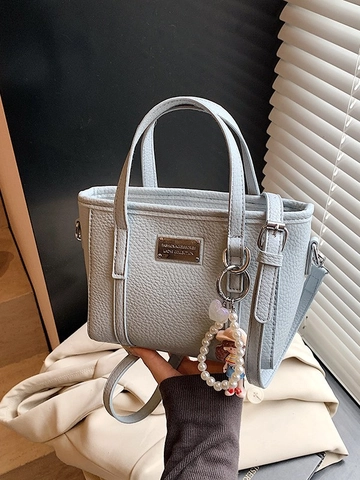 Borsa a Secchiello Minimalista da Donna in Pelle PU con Trama Litchi Borsa a Tracolla Semplice Borsa alla Moda con Ciondolo a Cartone Animato in Perla Artificiale