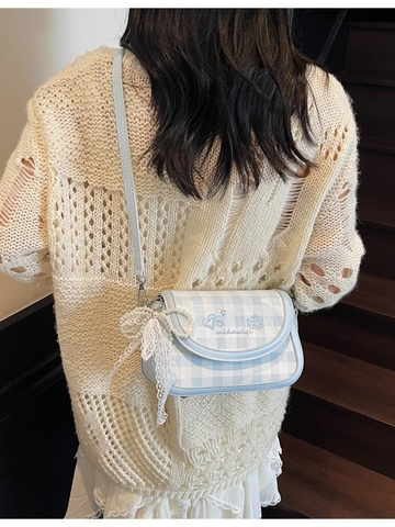 Sac Bandoulière Doux Pour Femme À Carreaux Broderie Cuir PU Sous Le Bras Petit Sac Carré Avec Nœud En Dentelle Et Perle