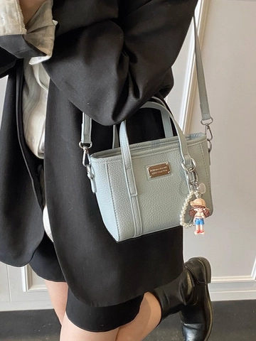 Borsa a Secchiello Minimalista da Donna in Pelle PU con Trama Litchi Borsa a Tracolla Semplice Borsa alla Moda con Ciondolo a Cartone Animato in Perla Artificiale