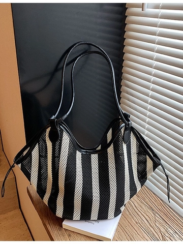 Sac Fourre-tout en Paille Tissé pour Femmes Grande Capacité Rayé en Maille Sac à Épaule Décontracté Été Plage Shopping avec Cordon