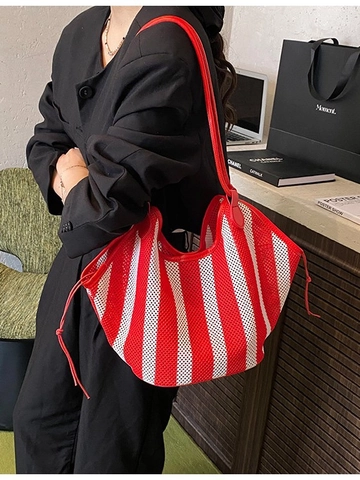 Sac Fourre-tout en Paille Tissé pour Femmes Grande Capacité Rayé en Maille Sac à Épaule Décontracté Été Plage Shopping avec Cordon