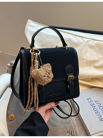 Vintage Color-Block Damen Rucksack PU-Leder Koreanisch Schüler Schultasche mit Plüsch Bär-Anhänger Alltag Reisen Tasche