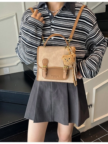 Vintage Color-Block Damen Rucksack PU-Leder Koreanisch Schüler Schultasche mit Plüsch Bär-Anhänger Alltag Reisen Tasche