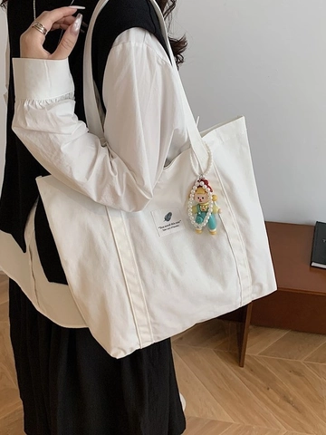Bolso Tote de Lona Retro Simple para Mujer Gran Capacidad Minimalista Bolso de Hombro Con Colgante de Dibujos Animados para Diario