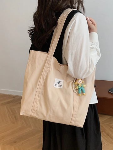 Bolso Tote de Lona Retro Simple para Mujer Gran Capacidad Minimalista Bolso de Hombro Con Colgante de Dibujos Animados para Diario