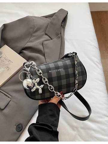 Bolso Bandolera de Cuero PU con Patrón de Cuadros para Mujer Bolso de Axila Cuadrado Pequeño Con Cadena y Colgante de Perro Globo