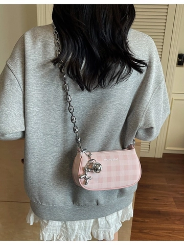 Bolso Bandolera de Cuero PU con Patrón de Cuadros para Mujer Bolso de Axila Cuadrado Pequeño Con Cadena y Colgante de Perro Globo