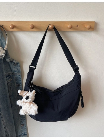 Sac Bandoulière Dumpling en Toile de Grande Capacité pour Femme Couleur Unie Décontracté Hobo Demi-Lune Avec Pendentif Ours