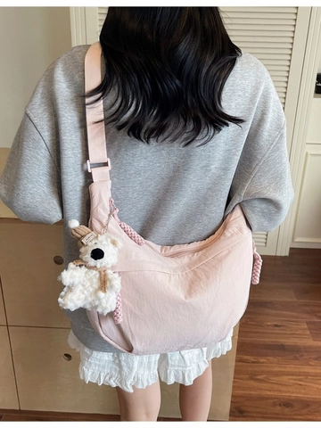 Sac Bandoulière Dumpling en Toile de Grande Capacité pour Femme Couleur Unie Décontracté Hobo Demi-Lune Avec Pendentif Ours