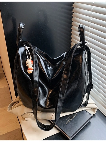 Sac à Dos Femme en Cuir PU Brillant Grande Capacité Sac à Bandoulière Multifonctionnel Avec Pendentif Dessin Animé Sac Polyvalent