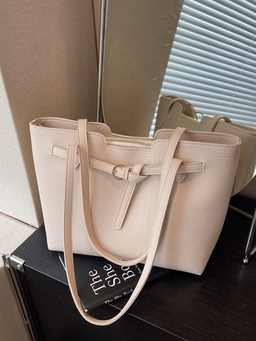 Borsa Tote da Donna in Pelle PU di Grande Capacità Trama Litchi Cintura Decorativa Fibbia Cerniera Borsa a Spalla Pendolare