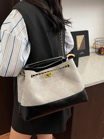 Bolso de Hombro Acolchado Vintage para Mujer Cuero PU Gamuza Costura Bolso Tote Gran Capacidad Bloque de Color Bolso de Axila Con Cadena
