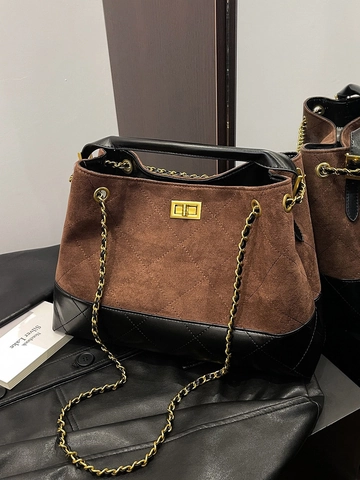 Bolso de Hombro Acolchado Vintage para Mujer Cuero PU Gamuza Costura Bolso Tote Gran Capacidad Bloque de Color Bolso de Axila Con Cadena