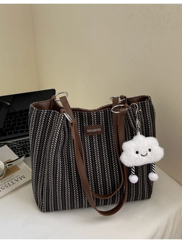 Grand Sac Fourre-tout en Toile Rayée pour Femmes Sac à Épaule Tissé Décontracté Avec Charme de Nuage en Peluche Mode