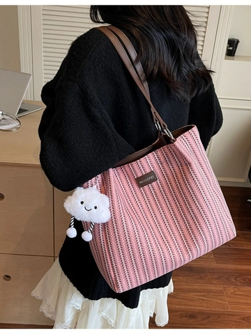 Grand Sac Fourre-tout en Toile Rayée pour Femmes Sac à Épaule Tissé Décontracté Avec Charme de Nuage en Peluche Mode