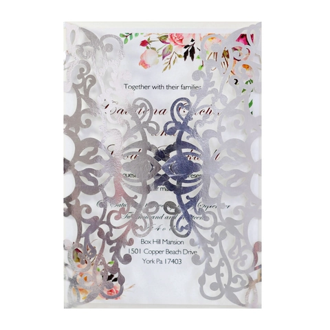 Lussuosi Inviti di Nozze con Intaglio Laser Set con Fiocco Carta Metallica Riflettente Inserto Floreale Elegante Invito per Matrimonio